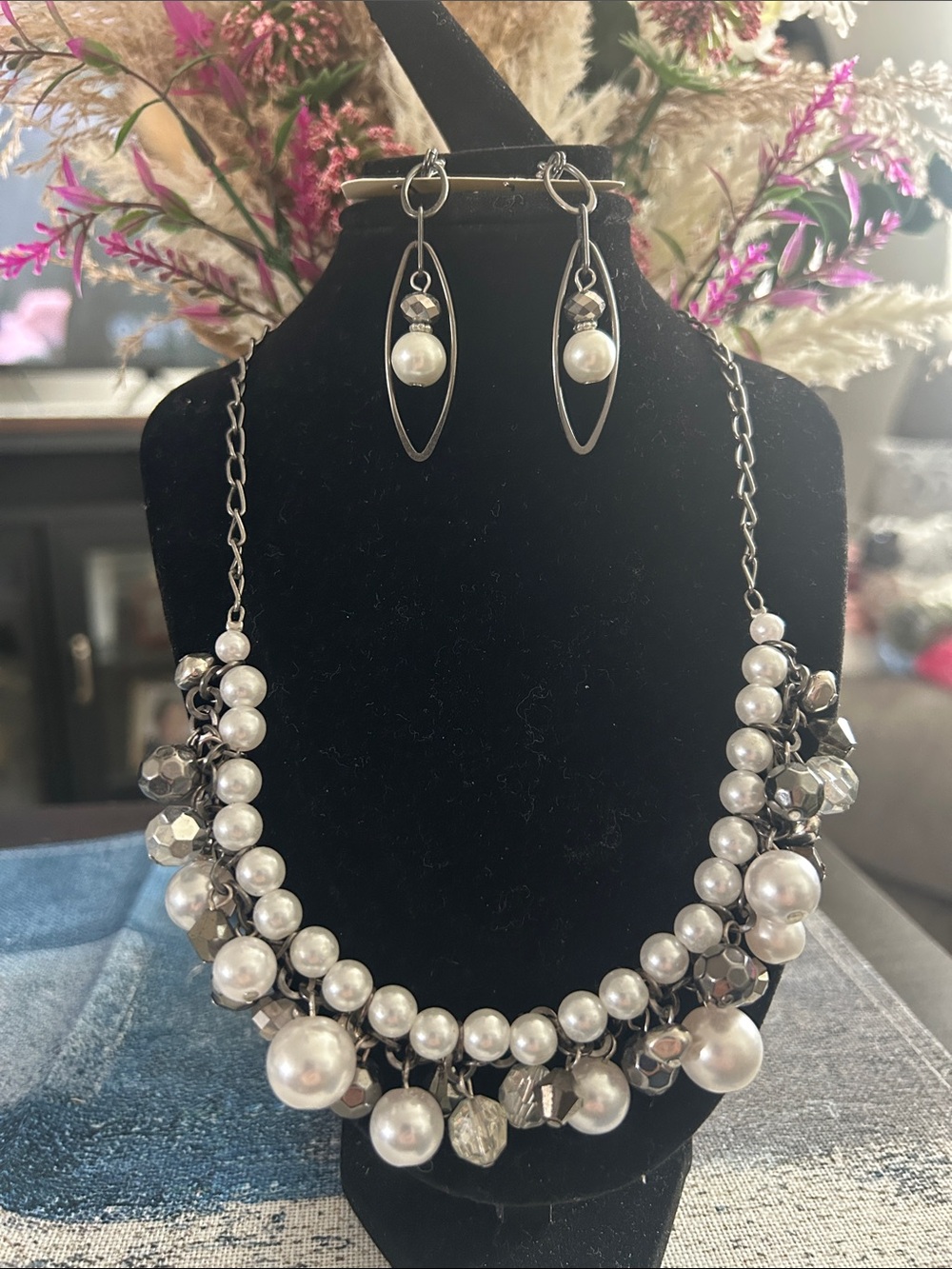 Pearl and Hematite Cluster Necklace with Matching Earrings - White & Silver
